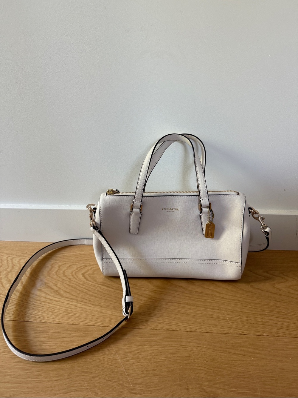 Coach Cream Leather Satchel with Gold Hardware and Detachable Strap